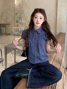 复古蓝色格子 Polo 领短袖衬衫 夏季 - 藍色 - 查看 7