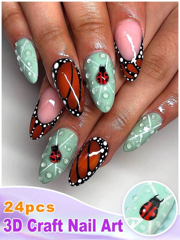 Améliorez votre look avec 24 pièces d'ongles d'été, ongles acryliques en forme d'amande à clipser avec un design vert, coccinelle 3D à sept points et gouttes d'eau. Faux ongles de style frais et mignon, set complet de nail art couvrant entièrement les ongles, convient pour un usage quotidien.