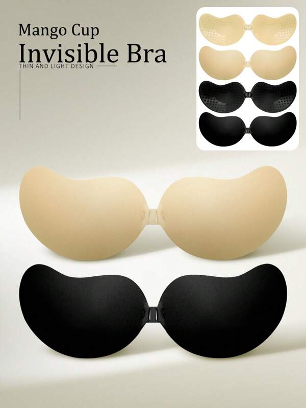 2pcs Mango Cup Sticky Silicone Backless Padded Bra, Uplift And Breathable, Skin-Friendly Cup Size A-D, Reusable Front Closure Bra, Suitable For Deep V Backless Dresses