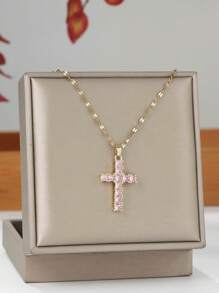 1 pieza Collar con colgante de cruz de circonia elegante para mujer, adecuado para citas, regalo de cumpleaños, regalo para mejores amigos
