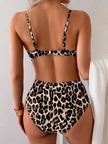 2pcs/Set Leopard Print Sexy Backless Twist Spaghetti Strap Split Bikini Swimsuit, Bohemian Beach Vacation, Summer - Multicolor - View 3