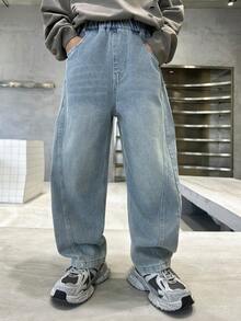 Boys' Loose Straight Leg Jeans, Suitable For Daily, School, Outdoor & Casual Wear, Autumn - Baby Blue - View 2