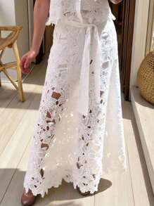 (1piece)Women's Solid-Color Sexy Cut Out Large-Flower Embroidered Lace Up Wide-Leg Pants,Casual Long Pants, No Top,Gothic Style