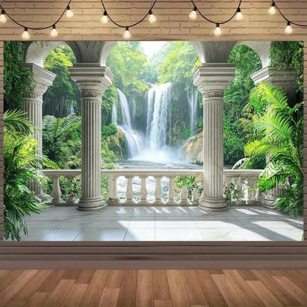 Telón de fondo de columna románica plana 2D con cascada y patrón de plantas verdes - Tela de poliéster para fotografía, eventos, decoración del hogar, sin necesidad de electricidad, con múltiples opciones de tamaño