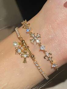 1pc Geometric Faux Pearl Micro-Inlaid Zirconia Tassel Luxurious Copper Gold Color Bracelet For Women, Suitable For Evening Party, Gala, Date, Matching Daily Outfits And Accessories - Gold - View 2