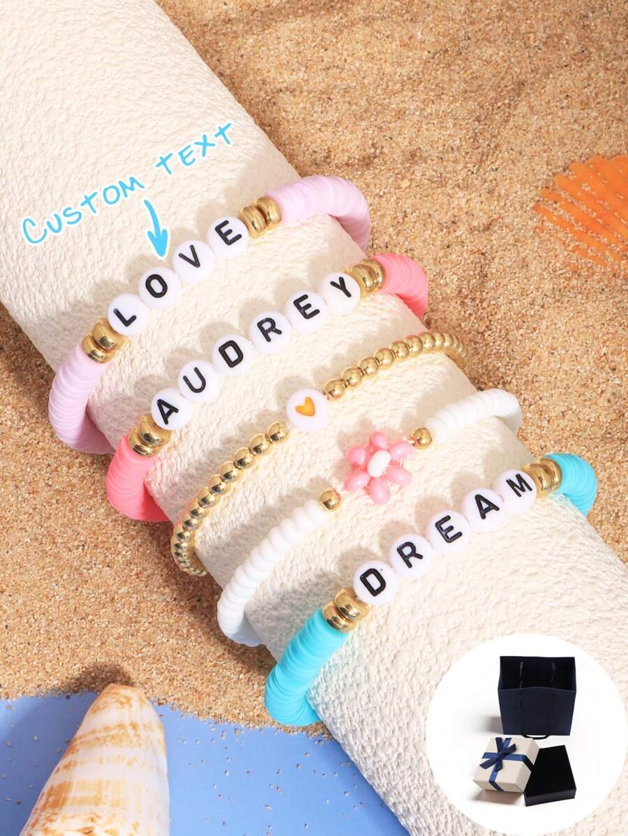 Customizable Bracelet Set, Fashion Minimalist Summer Beach Bohemian Polymer Clay Beaded Flower Bracelet Set, Customizable With Names, Slogans, Locations, Dates, Suitable For Birthday, Valentine's Day, Anniversary, Gift For Girlfriend, Friend, Daily Wear