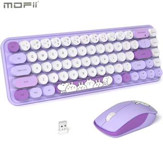  Combo inalámbrico 2.4G de teclado y mouse ergonómico MOFII, 68 teclas con teclas redondas retro tipo máquina de escribir, mouse silencioso con función multimedia, lindo conjunto de teclado y mouse para PC/portátil/escritorio - Gris