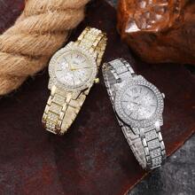 1 pieza Reloj de pulsera de mujer elegante para fiestas con esfera de cuarzo con diamantes en oro/plata y brazalete