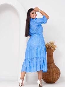 Women's Fashion Midi Dress In 3D Laise Fabric With Elastex On The Back And Button On The Front And Lining - 3d 藍色 - 查看 3