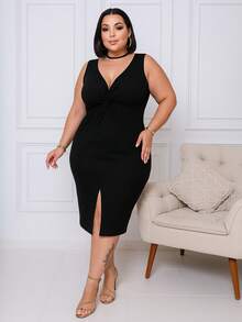 Fashion Plus Size Midi Evangelical Curved Elegant Plain Dress For Women- PATRICIA PLUS - Negro - Ver 1
