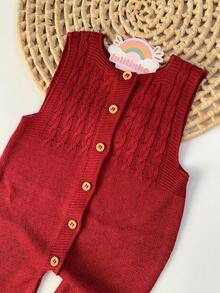 Ema Button Knit Set Girl Bodysuit Overalls Baby Romper - 紫紅色 - 查看 4