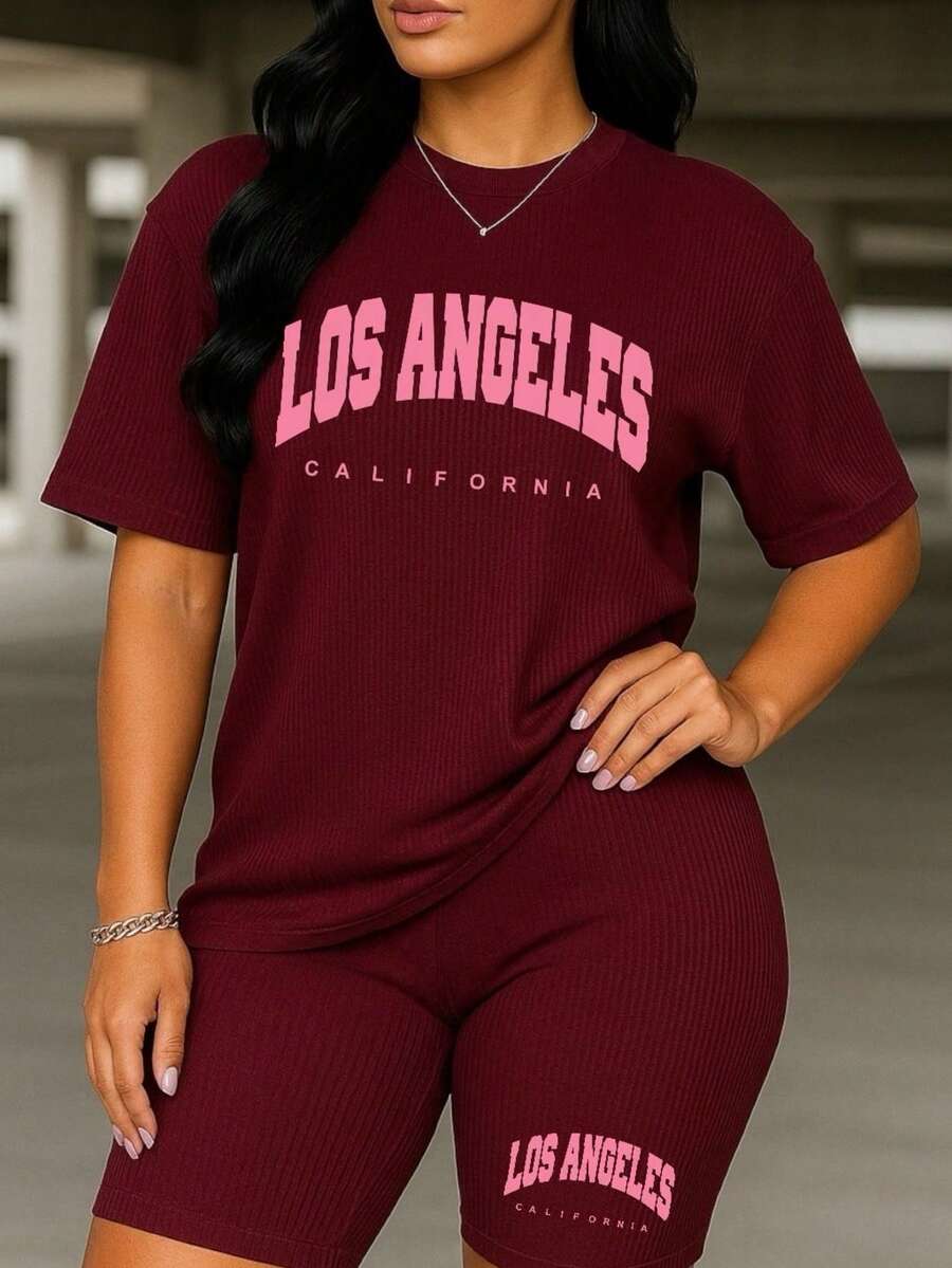 Set Mujer 2 Piezas Acanalado Premium Camiseta Oversize con Biker Fitness Casual Diario Conjunto casual  Conjunto deportivo  Ropa cómoda  Outfit urbano  Look relajado  Letras    Casual    Ninguno - Color caoba - Ver 1