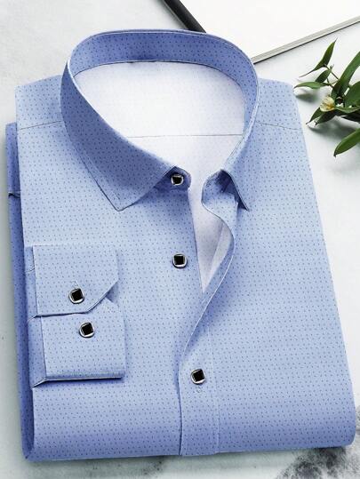 1pc Men's Fashion Casual Business Commuting Mandarin Collar Solid Color Button Long Sleeve Shirt, Men's Formal Slim Fit Shirt, Men's Ditsy Floral Shirt. Suitable For Daily Wear, Commuting To Work, Going Out, Parties, Can Be Paired With Suit Pants Or Suits For Gatherings, Weddings, Honeymoon Scenes. Can Be Given As A Gift To Son, Husband, Boyfriend, Father, Fall