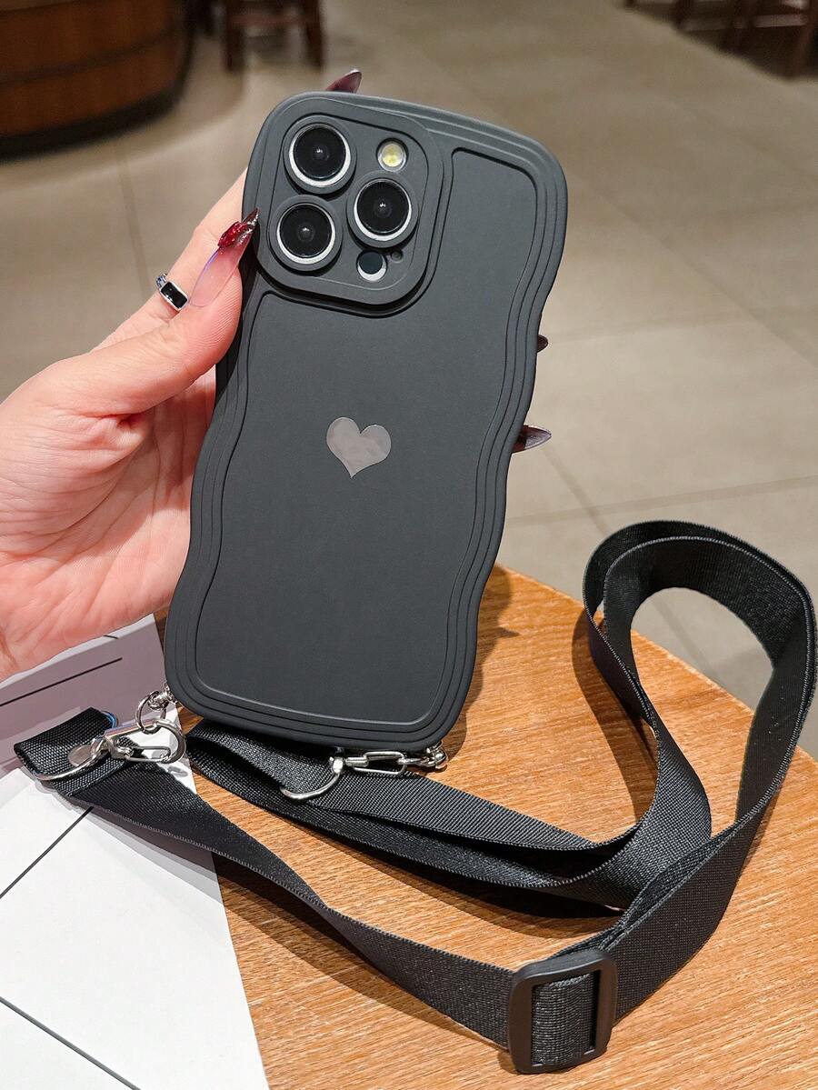 Heart-Shaped Sticker With Wavy Border, Solid Color Phone Case With Lanyard, Waterproof, Shockproof, Anti-Fall, Anti-Scratch - Black - View 1