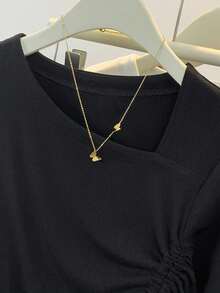 女式纯色抽绳设计休闲日常百搭 T 恤，不对称百搭修身简约上衣，秋季