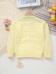 Girls Solid Color Thin Long Sleeve Pointelle Knitted Cardigan Jacket, Spring/Summer - Yellow - View 6