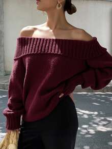 Livesso 女士纯色露肩宽松休闲毛衣，秋冬，长袖上衣，秋季女装 - 酒紅色 - 查看 1