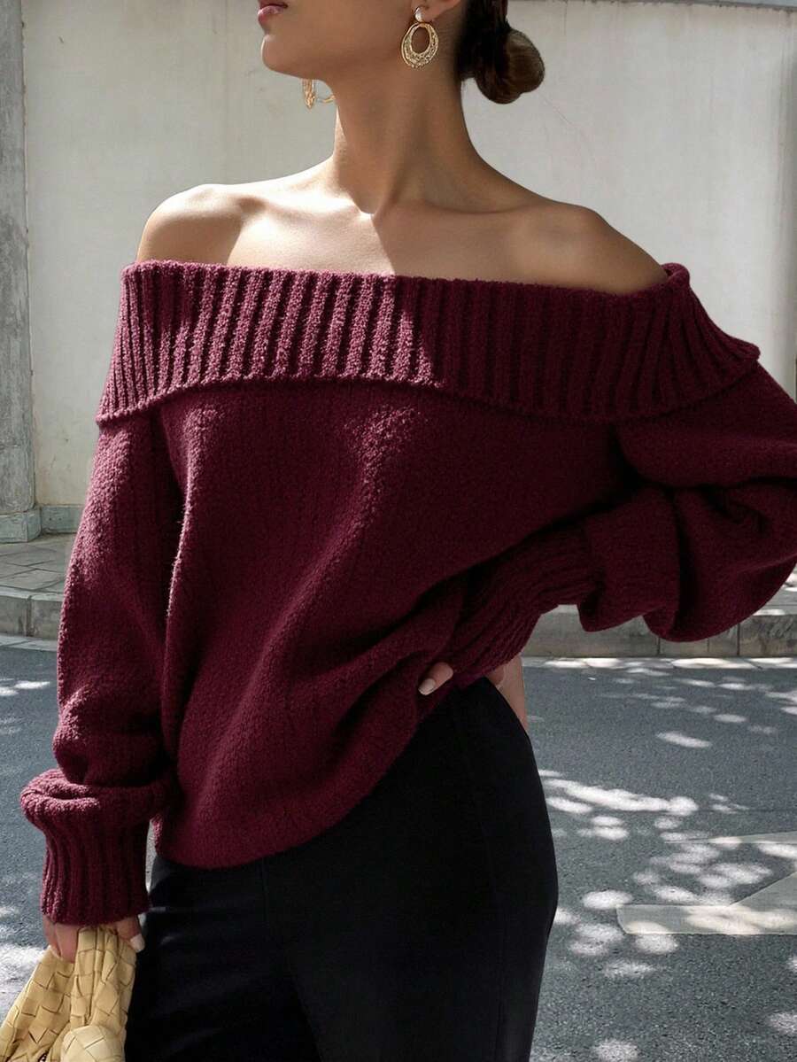 Livesso 女士纯色露肩宽松休闲毛衣，秋冬，长袖上衣，秋季女装 - 酒紅色 - 查看 1