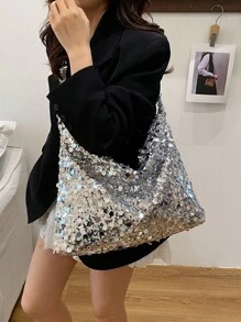 1 pezzo Borsa a spalla con paillettes e design minimalista, grande capacità, borsa da donna alla moda, stile da strada, borsa a tracolla, adatta per l estate, lo shopping, il pendolarismo e occasioni varie