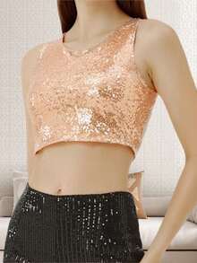 Women Sequin Tank Tops Slim Sparky Round Neck Sleeveless Showing Navel Crop Vest  Summer Streetwear - 香檳色 - 查看 2