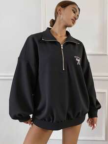 Livesso Women's Butterfly Print Half-Zip Casual Long Sleeve Sweatshirt,Long Sleeve Tops,Fall Women Clothes Jacket - Black - View 3