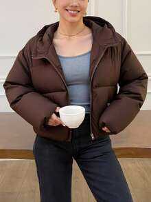 Livesso Women's Hooded Loose Fit Long Sleeve Padded Coat With Open Front ,Winter Women Clothes,Winter Coat Women Jacket - Coffee Brown - View 3