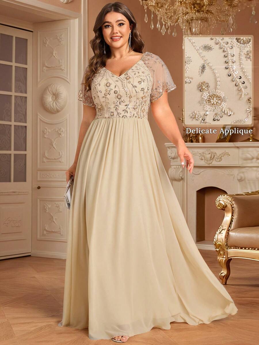 EVERPRETTY Plus Elaborate Embroidered Sequin Applique V Neck Short Sleeves Evening Dress For Dinner Party Fall Wedding Guest Dresses Champagne Bridesmaid Dresses