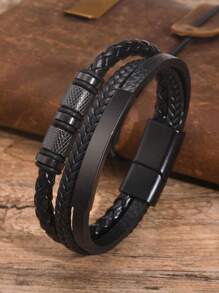 1pc Curved PU Leather Multi-Layer Bracelet, Braided Wristband, Fashion Accessory For Men, Ideal Choice For Special Occasions
