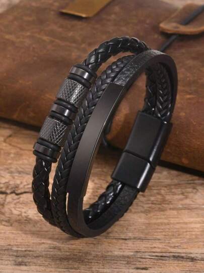 1pc Curved PU Leather Multi-Layer Bracelet, Braided Wristband, Fashion Accessory For Men, Ideal Choice For Special Occasions