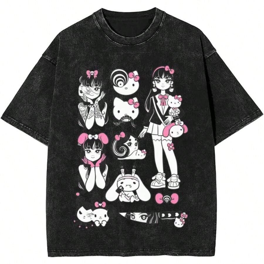 COOL SUMMER X Hello KittyS T-Shirt Popular T Shirts Short Sleeves Y2K Funny Tops Beach Cotton O Neck Oversized Clothes - màu đen - Xem 1