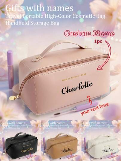 1 pieza Bolsa de maquillaje personalizable - Organizador de cosméticos de viaje de alta calidad en piel sintética con nombre personalizado, gran capacidad y múltiples compartimentos, adecuado para hombres y mujeres, uso en el gimnasio, al aire libre y diario (Naranja/Blanco/Negro), bolsa de maquillaje portátil premium