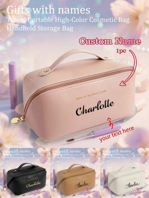 1pc Customizable Makeup Bag - High-Quality Faux Leather Travel Cosmetic Organizer Bag With Personalized Name, Large Capacity Multi-Compartment Toiletry Bag, Suitable For Men & Women, Gym, Outdoor & Daily Use (Orange/White/Black), Premium Portable Makeup Bag