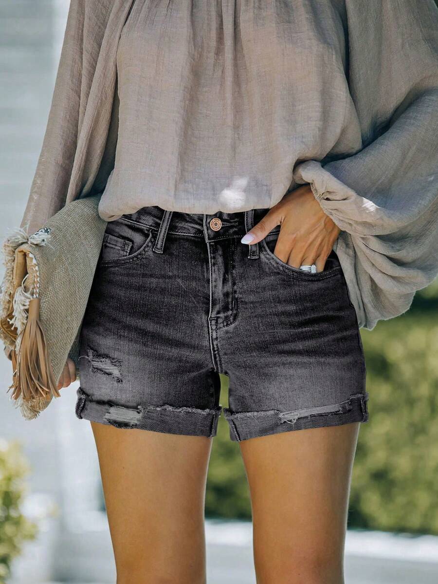 Celana Pendek Denim Sobek Warna Polos untuk Wanita, Celana Pendek Denim Sobek Kasual dengan Saku dan Penutup Resleting, Elastisitas Sedang, Gaya Musim Panas - Dark Grey - View 1