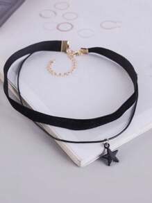 1pc Fashionable & Versatile Simple Velvet Tied Double-Layer Black Five-Pointed Star Pendant Necklace