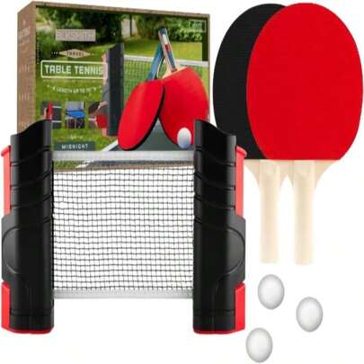 BLKSMITH All-In-One Portable Ping Pong Set With Retractable Ping Pong Net (Up To 75&#34; Wide), 2 Premium Paddles, 3 Balls - Complete Portable Ping Pong Table Set For Indoor And Outdoor Use Family Fun