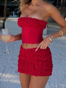 Women Y2k Summer 2 Piece Mini Skirt Set Beach Vacation Clothes Outfit Strapless Corset Tube Tops + 3D Floral Bodycon Skirt Set Party Clubwear Crop Tank Tops And Low Rise Skirt Sets - 紅色 - 查看 4