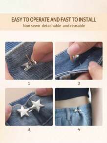 4-1pc Adjustable Waistband Buckles, No Sewing Required, Removable Jeans Waist Extender, Small Metal Extender Button, Cute Star-Shaped Waist Tie Buckle For Pants, Skirts, Trousers, Collar Button Brooches For Women And Men, Metal, Fashionable And Removable Trouser Clip, Bag Accessories For Girls, Students And Gifts For Mom,Back To School