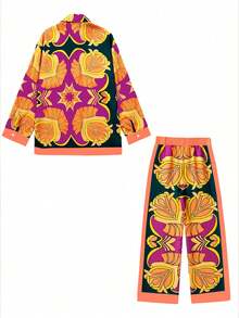 2pcs/Set Summer Fashion Print Patchwork Long Sleeve Shirt And Pants Outfit For Vacation Holiday Casual Retro Color Loose Sets - Multicolor - View 3