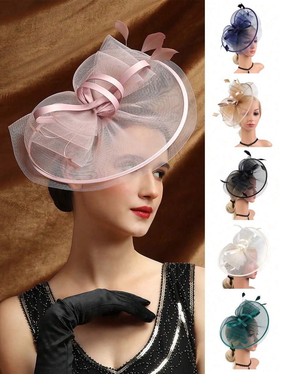 1 pieza Sombrero fascinador de mujer y niña, diadema Alice, pasador para el cabello con malla y lazo, con plumas artificiales, accesorios para cóctel, boda, Kentucky Derby, fiesta del té, tocado de novia, sombreros pequeños, mini fascinador, mini gorra, mini sombrero de copa, accesorios para el cabello, artículos escolares, elegante