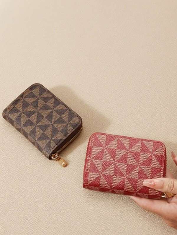 Vintage Floral Geometric Triangle Zipper Wallet, Card Holder, Coin Purse, Compact & Portable For Daily Use, Fashion Versatile Minimalist Accessory