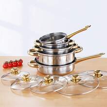 Juego de 12 piezas de utensilios de cocina de acero inoxidable con mangos dorados, adecuado para el juego de combinación de cocción de fondo plano para la cocina - Plateado - Ver 5