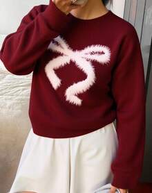 Livesso New Arrival Autumn Plush Bow Knitted Sweater For Women Christmas - Burgundy - View 6