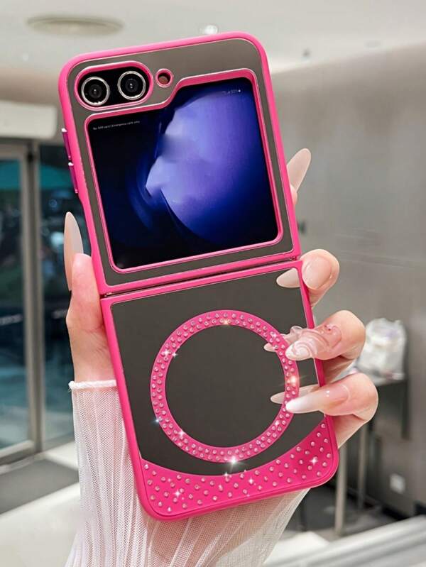 Estuche de lujo con diamantes brillantes y magnético compatible con Samsung Z Flip 6 5 Flip 4 3, con carga inalámbrica y tapa con espejo para maquillaje