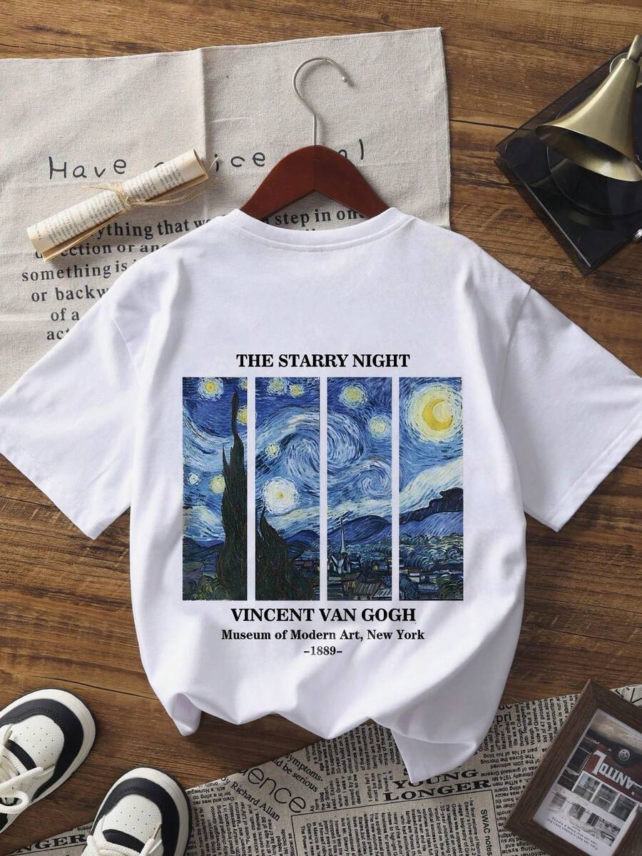 1 件白色星空印花短袖 T 恤，适合青少年女孩、年轻学生和 10-19 岁女孩