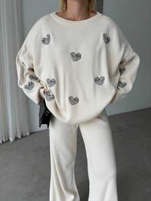 Women Casual Heart Pattern Round Neck Long Sleeve Pullover Top And Long Pants Set, Embroidery Design - White - View 3