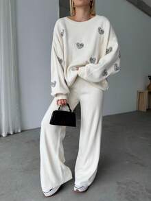 Women Casual Heart Pattern Round Neck Long Sleeve Pullover Top And Long Pants Set, Embroidery Design - White - View 6
