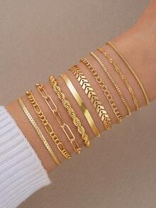 11/10/5pcs Fashionable Minimalist Elegant Airplane Chain Heart Multi-Layer Bracelet Set, Women Vacation Date Party Gift Versatile Daily Wear - Yellow Gold - View 2