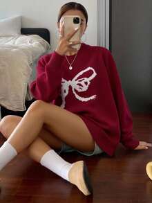 Livesso 女士圆领宽松针织毛衣，带蝴蝶结细节，七分袖上衣，秋季、冬季圣诞节、新年 - 紅色 - 查看 4