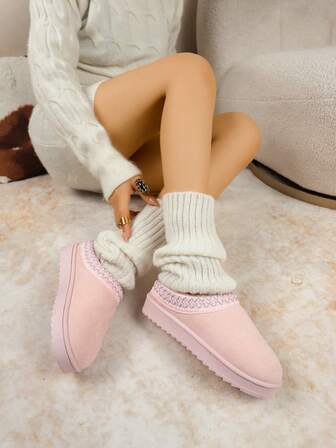 Höst/vinter Dam Plus Size Slip-On Stickad Krage Snökängor, Varma Och Lösa Inomhus-/Utomhusplyschskor, Pälsstövlar