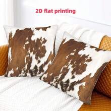 1pc/2pcs Peach Skin 45.72x45.72cm Cow Print Pillow Case, 2D Printed, Non-Fleece - Western Style, Zipper Closure, Hand Wash Only, Suitable For Home, Office, Bedroom, Living Room, Sofa Decoration - Brown - View 4